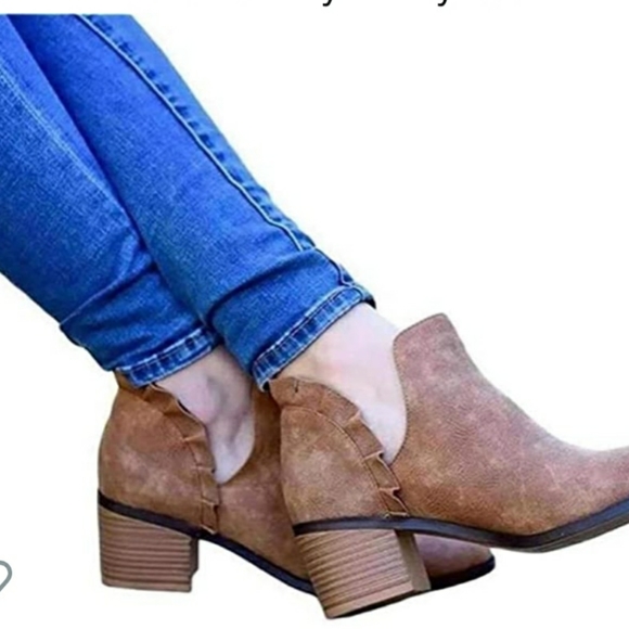 PiePieBuy Shoes - Stacked Heel Ankle Boots Ruffle Cut Out Women's 8